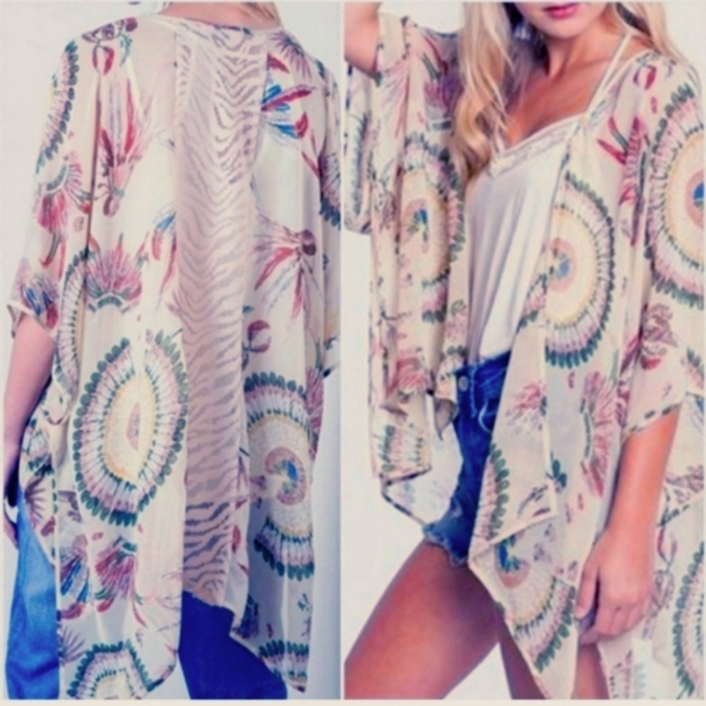 Umgee Cape Kimono Green Blue Paisley Lace Back S/M Sheer Boho Coverup Vest